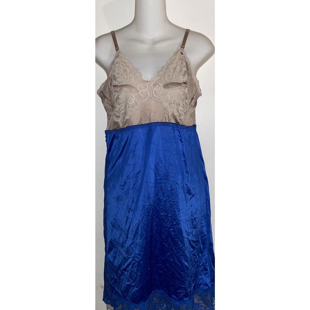 Vintage Helton Hill Nightgown Blue Beige Lace Nylon Satin Small/ Medium